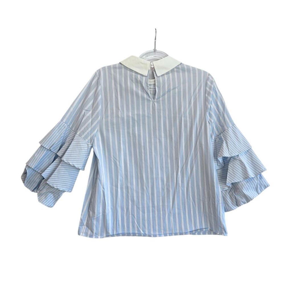 CeCe Blue White Stripe Ruffle Sleeve Blouse Peter Pan Collar M coastal preppy - Picture 3 of 8